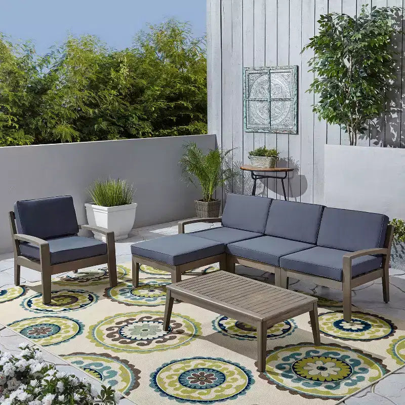 Christopher Knight Home Parma Patio Acacia Wood Slat Design 5 Seater Upholstered Seating Set with Coffee Table