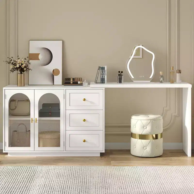 Extendable Corner Makeup Vanity Desk with 3 Drawers and 2 Doors