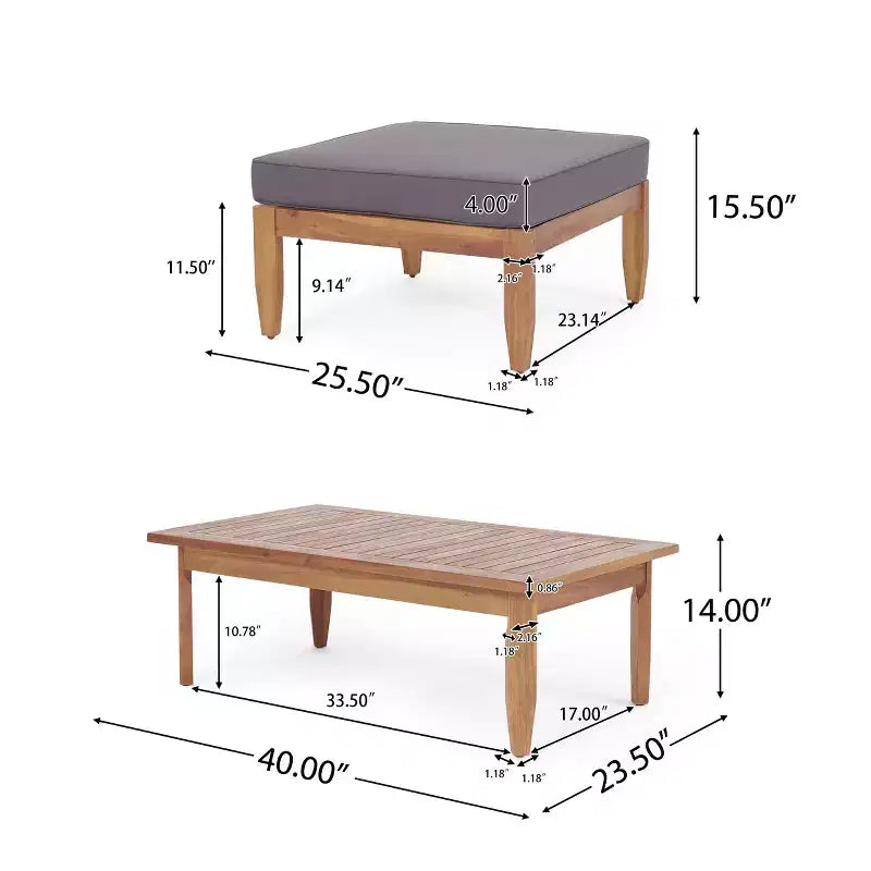 Christopher Knight Home Sloane Outdoor Acacia Wood 3 Seater Sofa Chat Set with Ottoman, Teak and Dark Gray