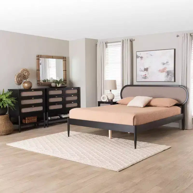 Baxton Studio Shirin Mid-Century Beige Fabric and Black Wood Queen 4-Piece Bedroom Set