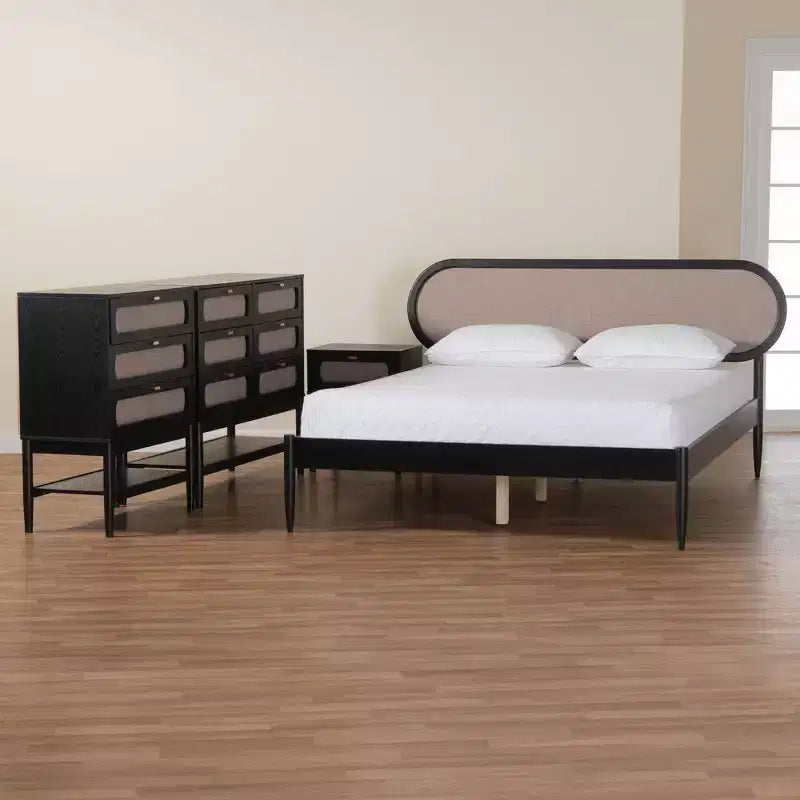 Baxton Studio Shirin Mid-Century Beige Fabric and Black Wood Queen 4-Piece Bedroom Set