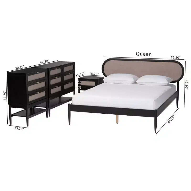 Baxton Studio Shirin Mid-Century Beige Fabric and Black Wood Queen 4-Piece Bedroom Set
