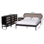 Baxton Studio Shirin Mid-Century Beige Fabric and Black Wood Queen 4-Piece Bedroom Set