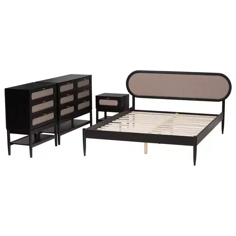 Baxton Studio Shirin Mid-Century Beige Fabric and Black Wood Queen 4-Piece Bedroom Set
