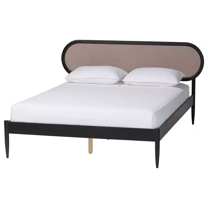 Baxton Studio Shirin Mid-Century Beige Fabric and Black Wood Queen 4-Piece Bedroom Set