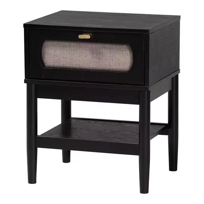 Baxton Studio Shirin Mid-Century Beige Fabric and Black Wood Queen 4-Piece Bedroom Set