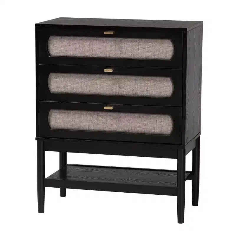 Baxton Studio Shirin Mid-Century Beige Fabric and Black Wood Queen 4-Piece Bedroom Set