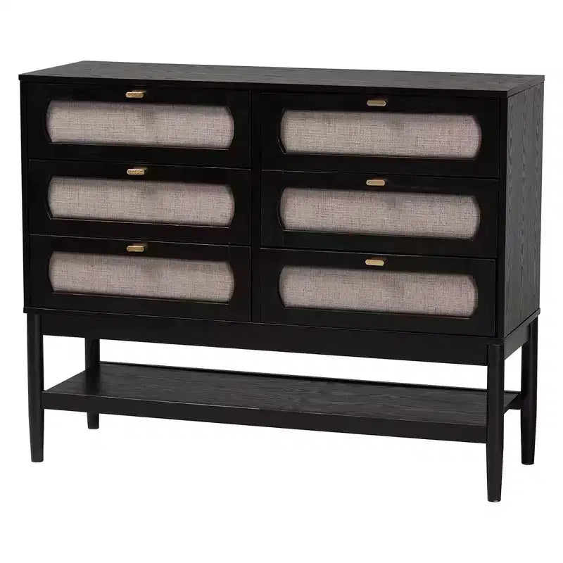 Baxton Studio Shirin Mid-Century Beige Fabric and Black Wood Queen 4-Piece Bedroom Set