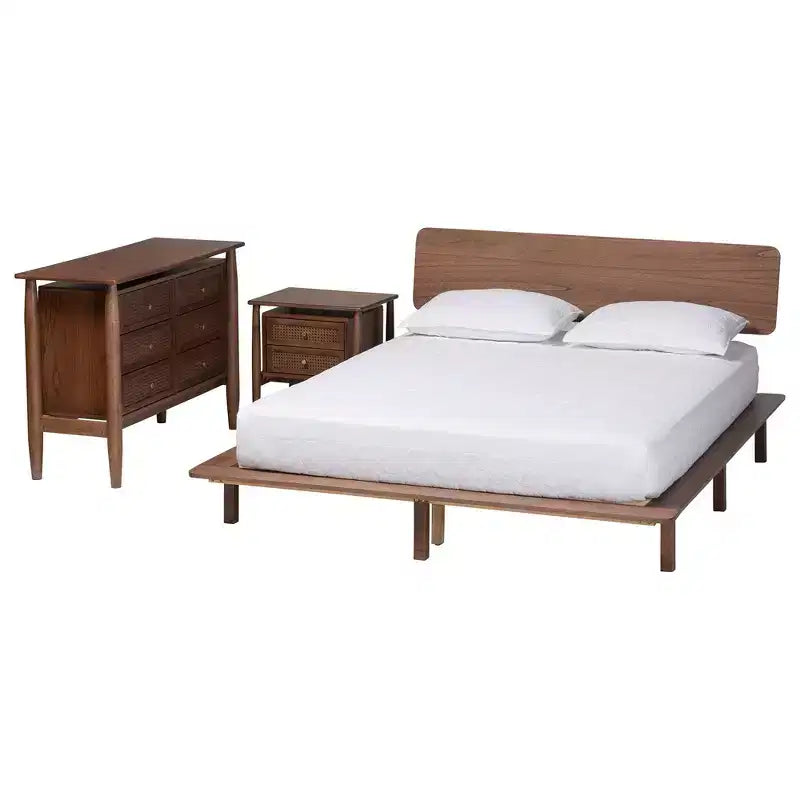 Baxton Studio Alyssa Japandi Walnut Brown Wood 3-Piece Bedroom Set