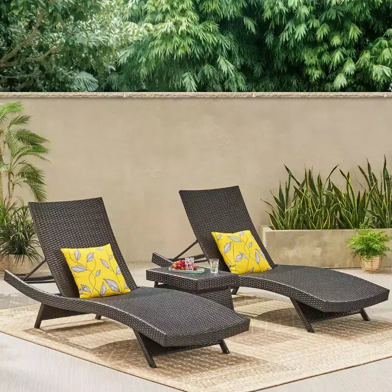 GDFStudio Olivia Outdoor Wicker 3 Piece Armless Adjustable Chaise Lounge Chat Set