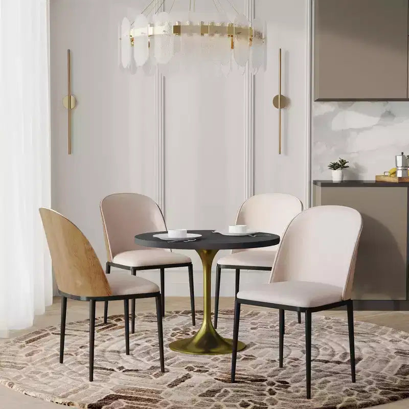 LeisureMod Verve 5-delige eetset - ronde tafel met MDF-blad van 36, 4 leren eetkamerstoelen