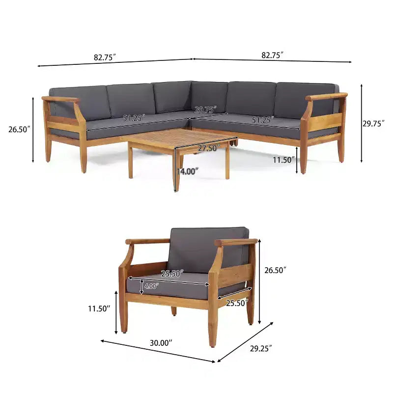 Christopher Knight Home Aston Acacia Wood Outdoor 5 Seater Sectional Chat Set with Club Chair, Teak and Dark Gray