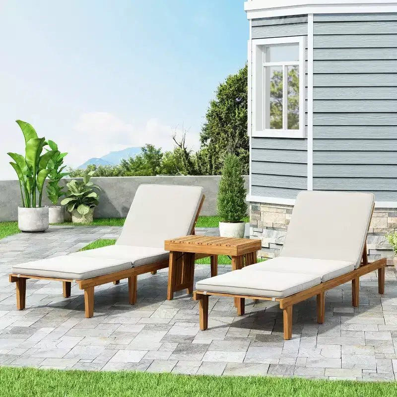 Christopher Knight Home Alisa Outdoor Acacia Wood 3 Piece Adjustable Armless Chaise Lounge Chat Set with Cushions