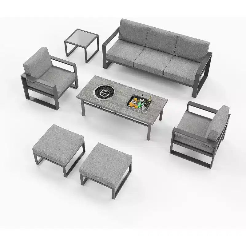Heynemo Aluminum Patio Furniture Set with Fire Pit Table, 7 Pieces Modern Outdoor Conversation Set with Ottomans and Coffee Table