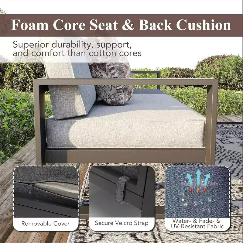 Heynemo Aluminum Patio Furniture Set with Fire Pit Table, 7 Pieces Modern Outdoor Conversation Set with Ottomans and Coffee Table