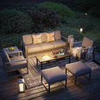 Heynemo Aluminum Patio Furniture Set with Fire Pit Table, 7 Pieces Modern Outdoor Conversation Set with Ottomans and Coffee Table