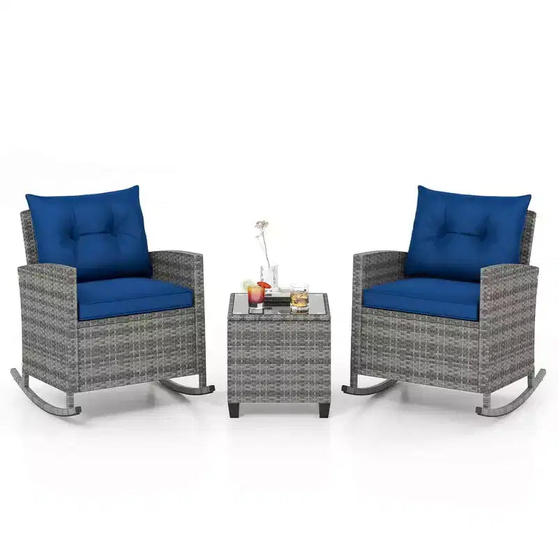 Costway 3 PCS Patio Wicker Rocking Set with Tempered Glass Table & Soft Cushions Outdoor Navy/Gray