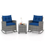 Costway 3 PCS Patio Wicker Rocking Set with Tempered Glass Table & Soft Cushions Outdoor Navy/Gray