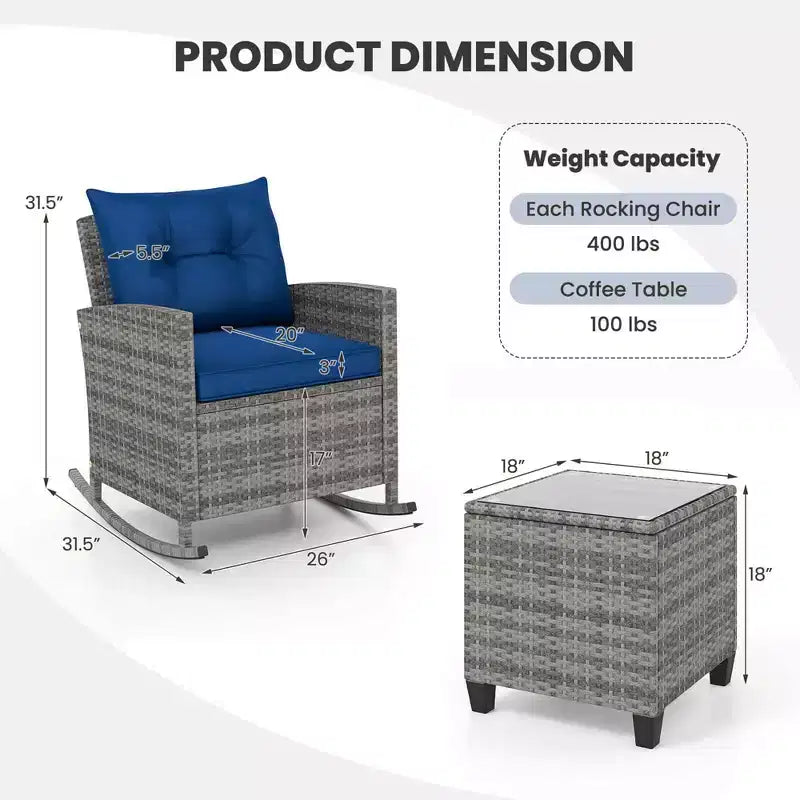 Costway 3 PCS Patio Wicker Rocking Set with Tempered Glass Table & Soft Cushions Outdoor Navy/Gray