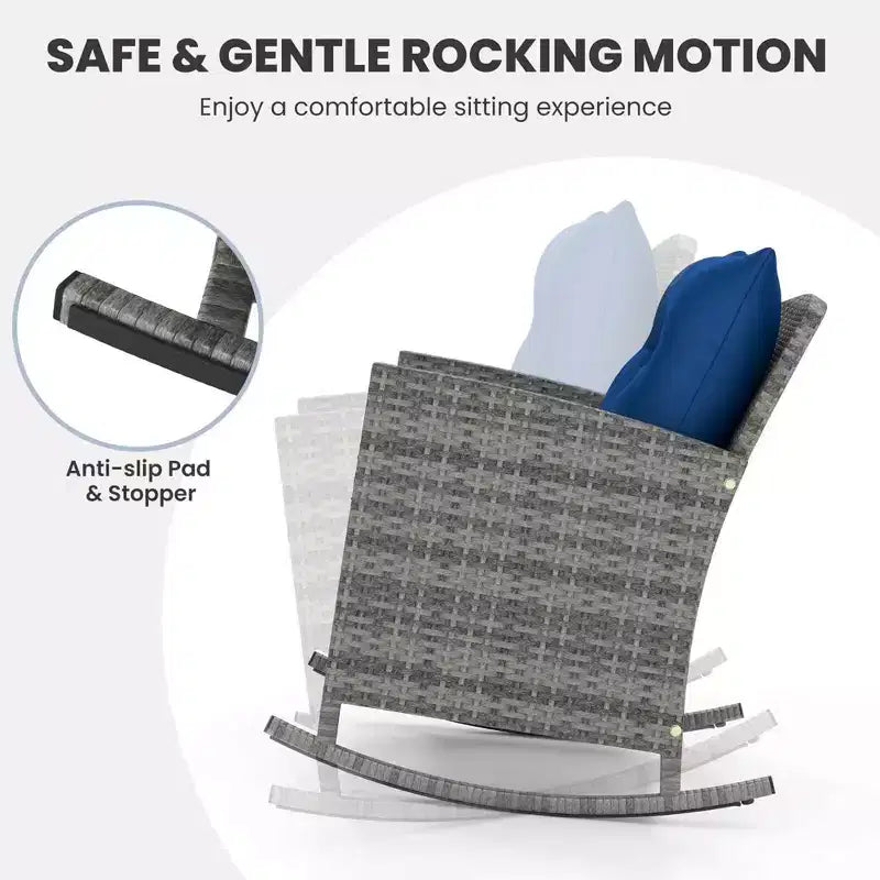 Costway 3 PCS Patio Wicker Rocking Set with Tempered Glass Table & Soft Cushions Outdoor Navy/Gray