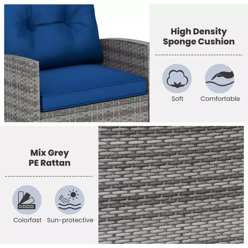 Costway 3 PCS Patio Wicker Rocking Set with Tempered Glass Table & Soft Cushions Outdoor Navy/Gray
