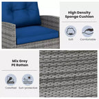 Costway 3 PCS Patio Wicker Rocking Set with Tempered Glass Table & Soft Cushions Outdoor Navy/Gray