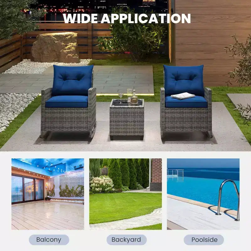 Costway 3 PCS Patio Wicker Rocking Set with Tempered Glass Table & Soft Cushions Outdoor Navy/Gray