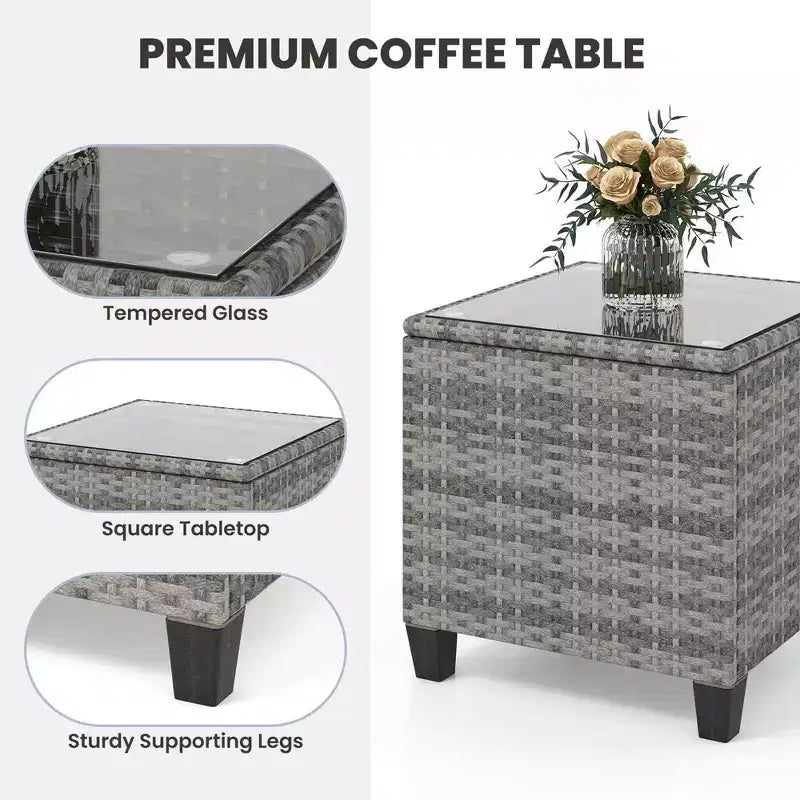 Costway 3 PCS Patio Wicker Rocking Set with Tempered Glass Table & Soft Cushions Outdoor Navy/Gray