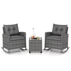 Costway 3 PCS Patio Wicker Rocking Set with Tempered Glass Table & Soft Cushions Outdoor Navy/Gray