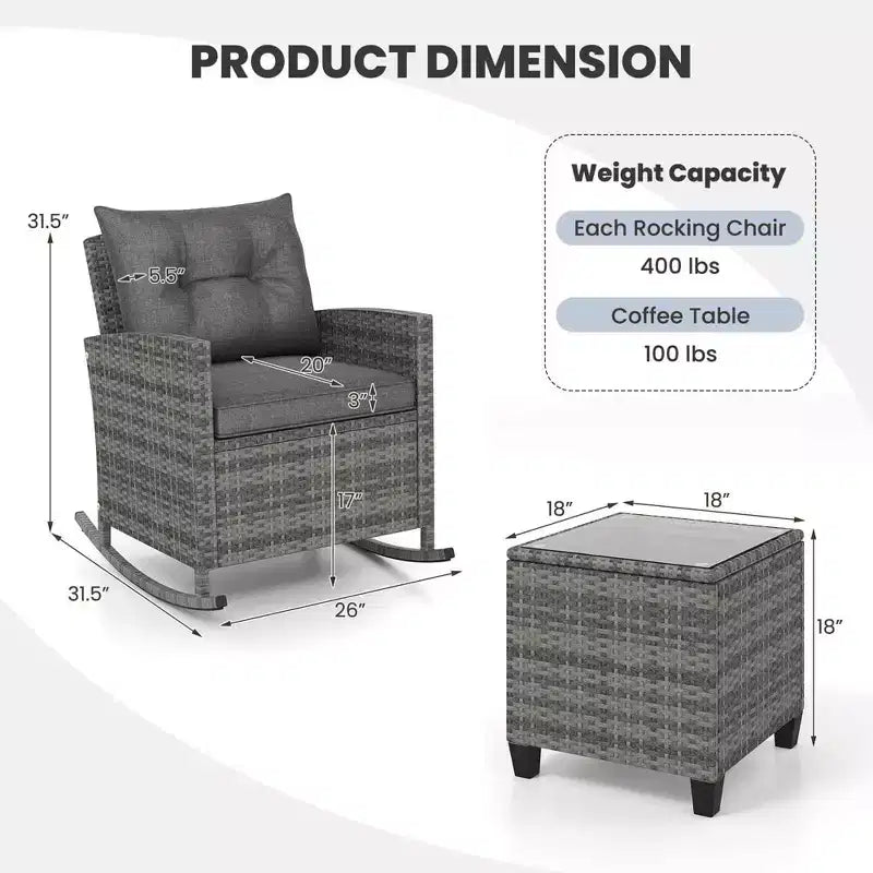Costway 3 PCS Patio Wicker Rocking Set with Tempered Glass Table & Soft Cushions Outdoor Navy/Gray