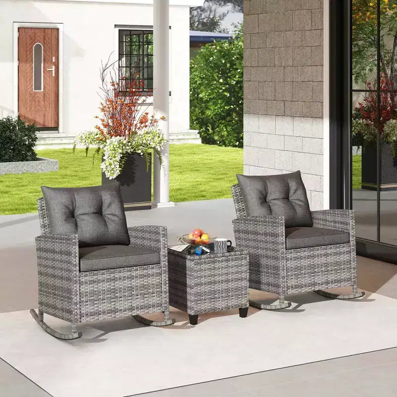 Costway 3 PCS Patio Wicker Rocking Set with Tempered Glass Table & Soft Cushions Outdoor Navy/Gray