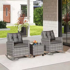 Costway 3 PCS Patio Wicker Rocking Set with Tempered Glass Table & Soft Cushions Outdoor Navy/Gray