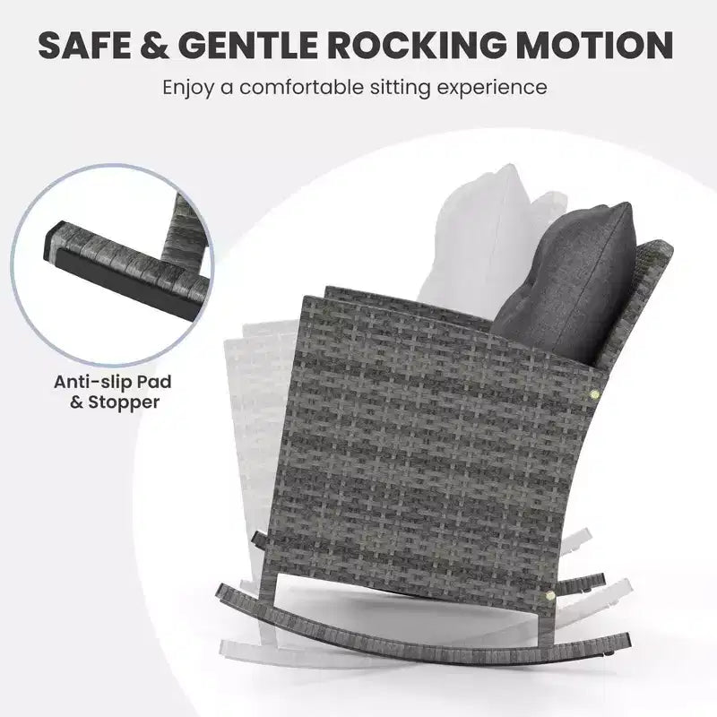 Costway 3 PCS Patio Wicker Rocking Set with Tempered Glass Table & Soft Cushions Outdoor Navy/Gray