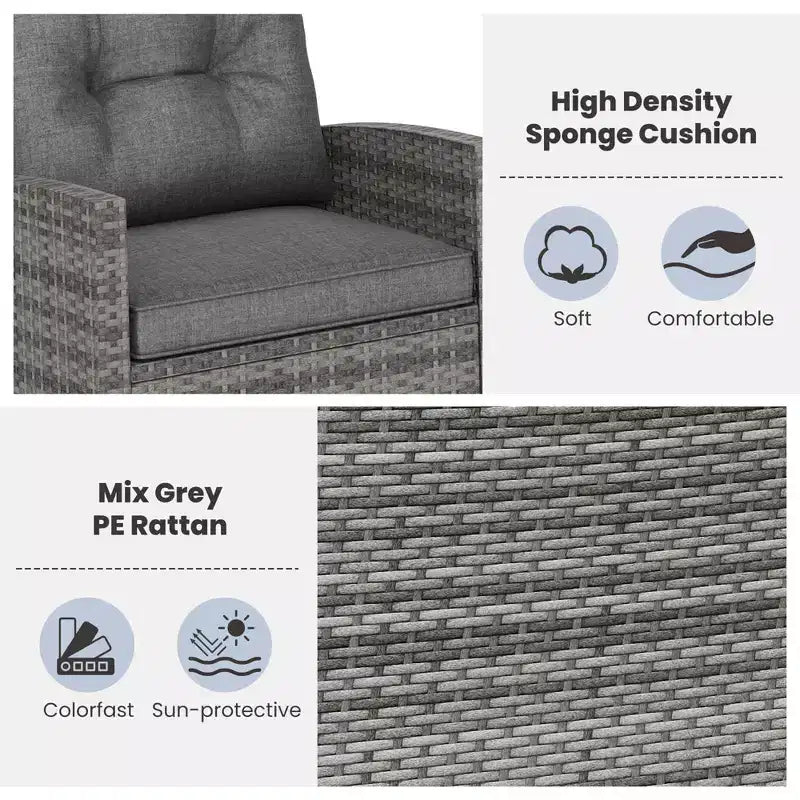 Costway 3 PCS Patio Wicker Rocking Set with Tempered Glass Table & Soft Cushions Outdoor Navy/Gray