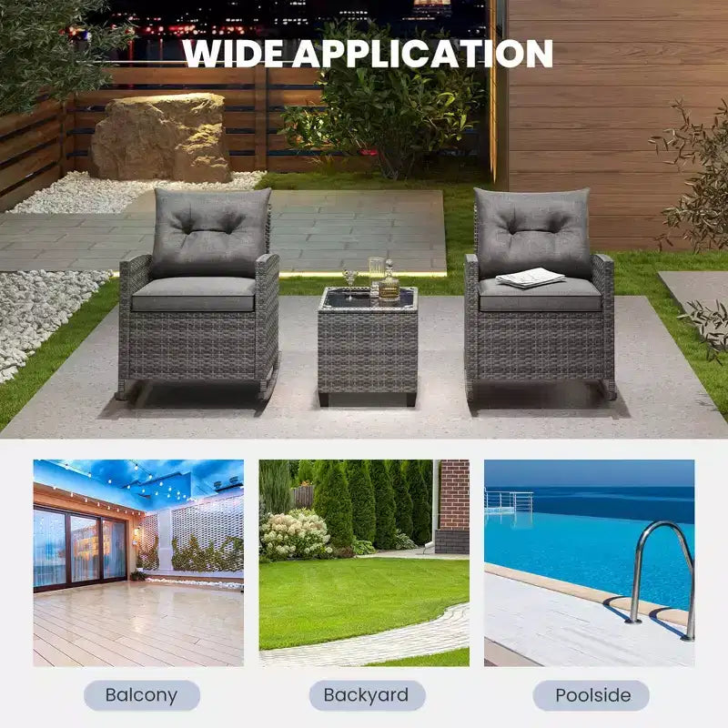 Costway 3 PCS Patio Wicker Rocking Set with Tempered Glass Table & Soft Cushions Outdoor Navy/Gray