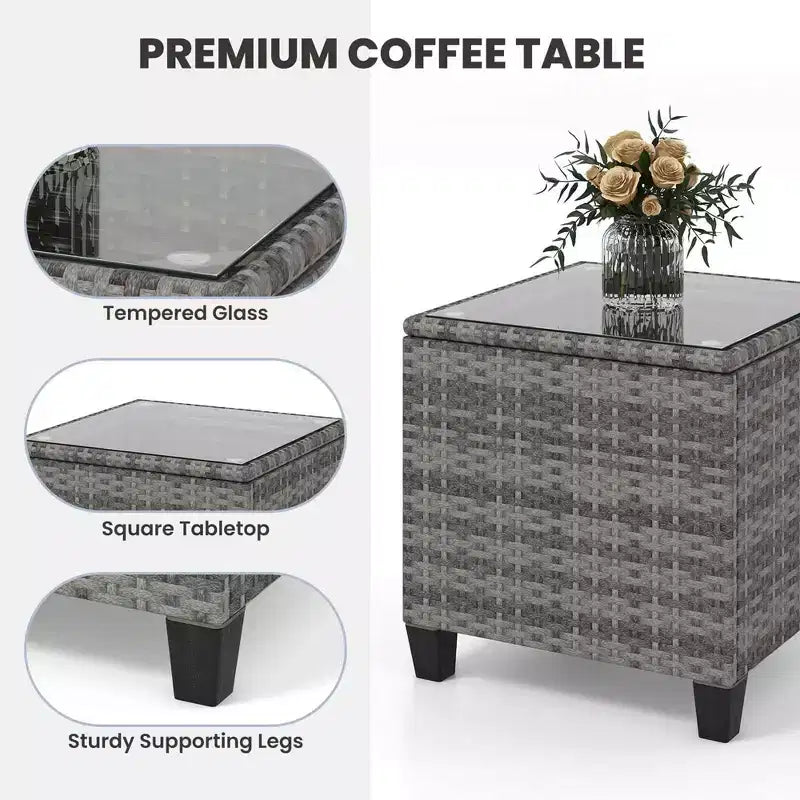 Costway 3 PCS Patio Wicker Rocking Set with Tempered Glass Table & Soft Cushions Outdoor Navy/Gray