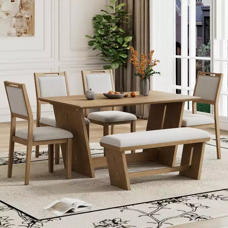 Whisen 6-Piece Retro Kitchen Dining Table Set for 6, Wood Kitchen Table and Chairs Set with Bench, Trestle Base, Soft Cushion
