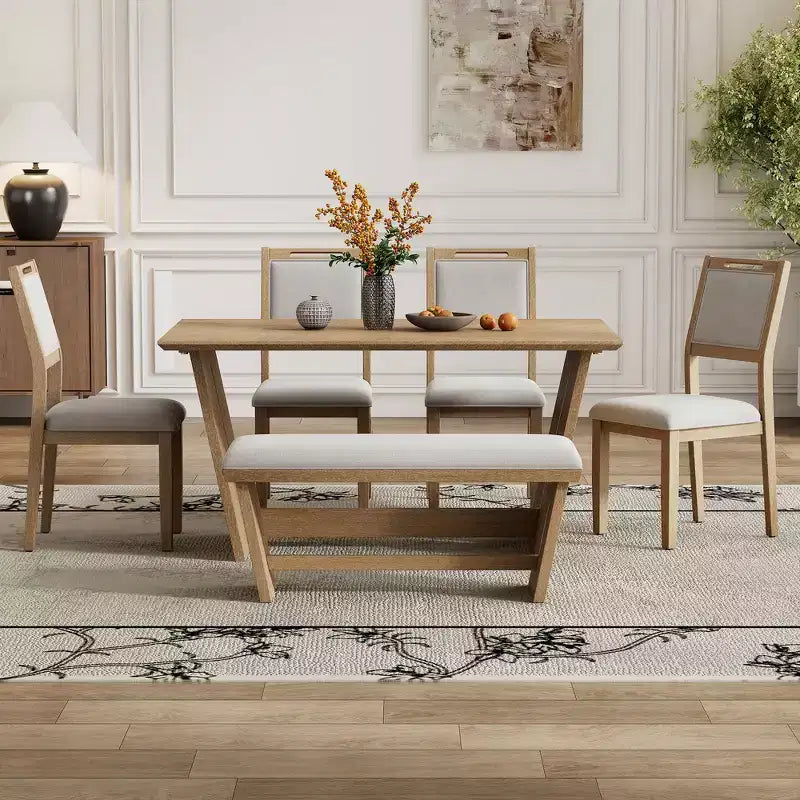 Whisen 6-Piece Retro Kitchen Dining Table Set for 6, Wood Kitchen Table and Chairs Set with Bench, Trestle Base, Soft Cushion