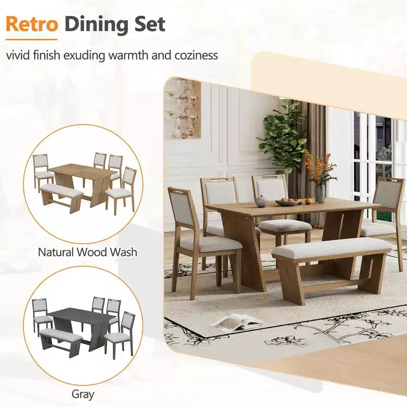 Whisen 6-Piece Retro Kitchen Dining Table Set for 6, Wood Kitchen Table and Chairs Set with Bench, Trestle Base, Soft Cushion