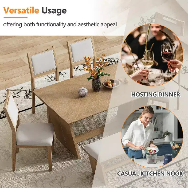 Whisen 6-Piece Retro Kitchen Dining Table Set for 6, Wood Kitchen Table and Chairs Set with Bench, Trestle Base, Soft Cushion