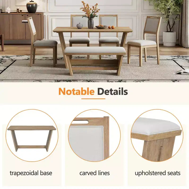 Whisen 6-Piece Retro Kitchen Dining Table Set for 6, Wood Kitchen Table and Chairs Set with Bench, Trestle Base, Soft Cushion