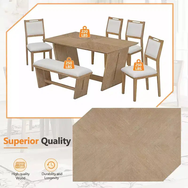 Whisen 6-Piece Retro Kitchen Dining Table Set for 6, Wood Kitchen Table and Chairs Set with Bench, Trestle Base, Soft Cushion