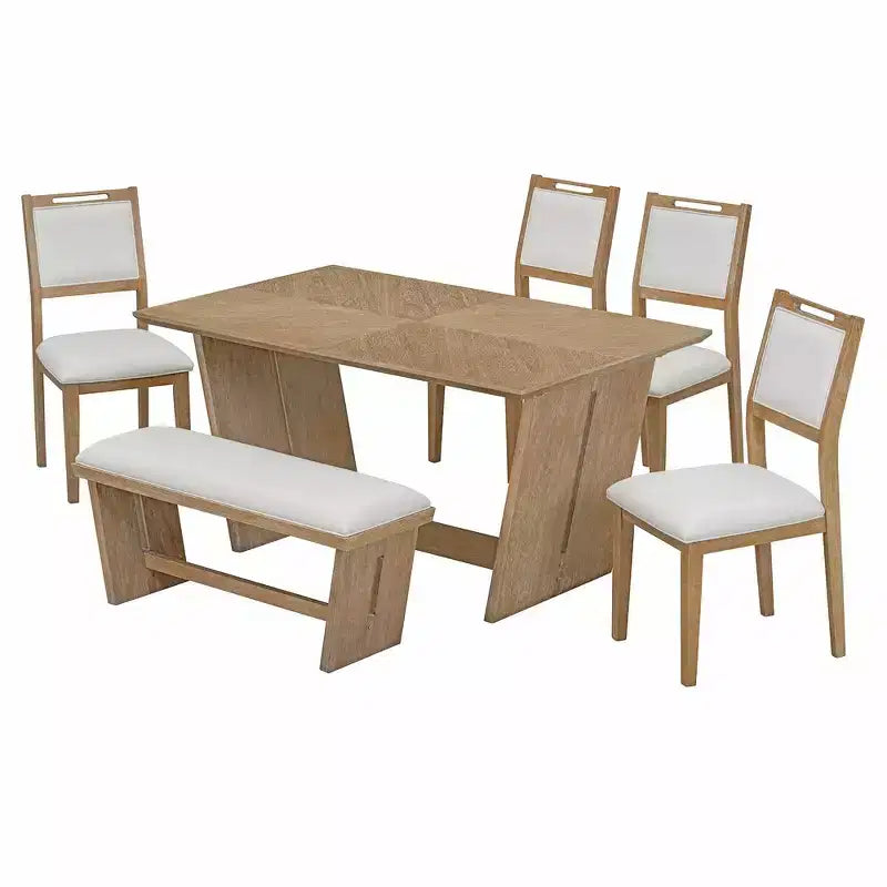 Whisen 6-Piece Retro Kitchen Dining Table Set for 6, Wood Kitchen Table and Chairs Set with Bench, Trestle Base, Soft Cushion