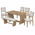Whisen 6-Piece Retro Kitchen Dining Table Set for 6, Wood Kitchen Table and Chairs Set with Bench, Trestle Base, Soft Cushion