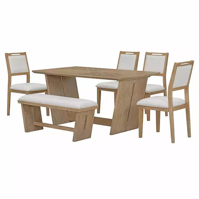 Whisen 6-Piece Retro Kitchen Dining Table Set for 6, Wood Kitchen Table and Chairs Set with Bench, Trestle Base, Soft Cushion