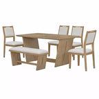 Whisen 6-Piece Retro Kitchen Dining Table Set for 6, Wood Kitchen Table and Chairs Set with Bench, Trestle Base, Soft Cushion