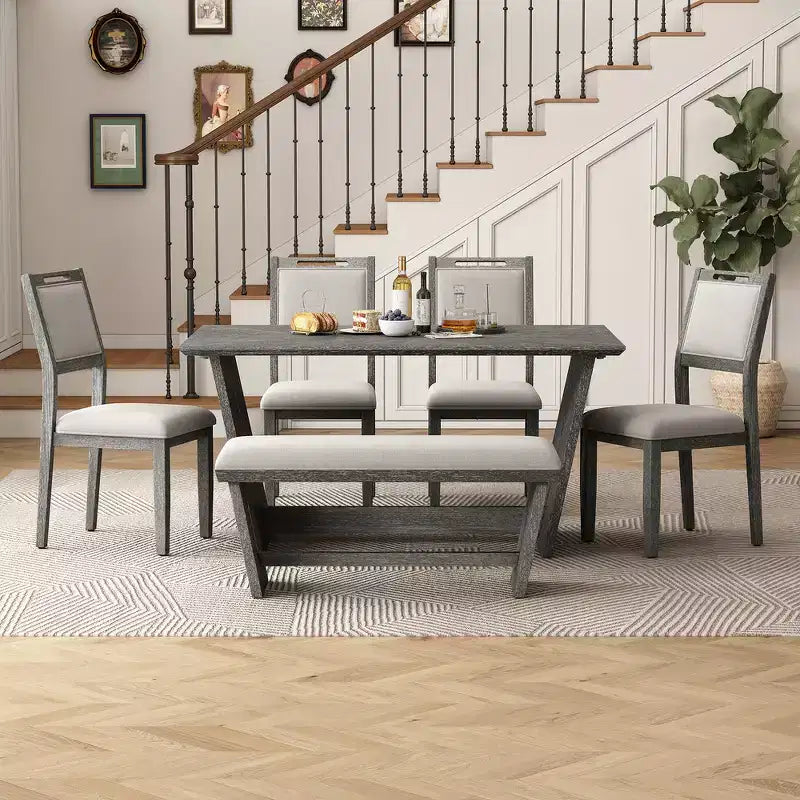 Whisen 6-Piece Retro Kitchen Dining Table Set for 6, Wood Kitchen Table and Chairs Set with Bench, Trestle Base, Soft Cushion