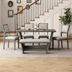 Whisen 6-Piece Retro Kitchen Dining Table Set for 6, Wood Kitchen Table and Chairs Set with Bench, Trestle Base, Soft Cushion