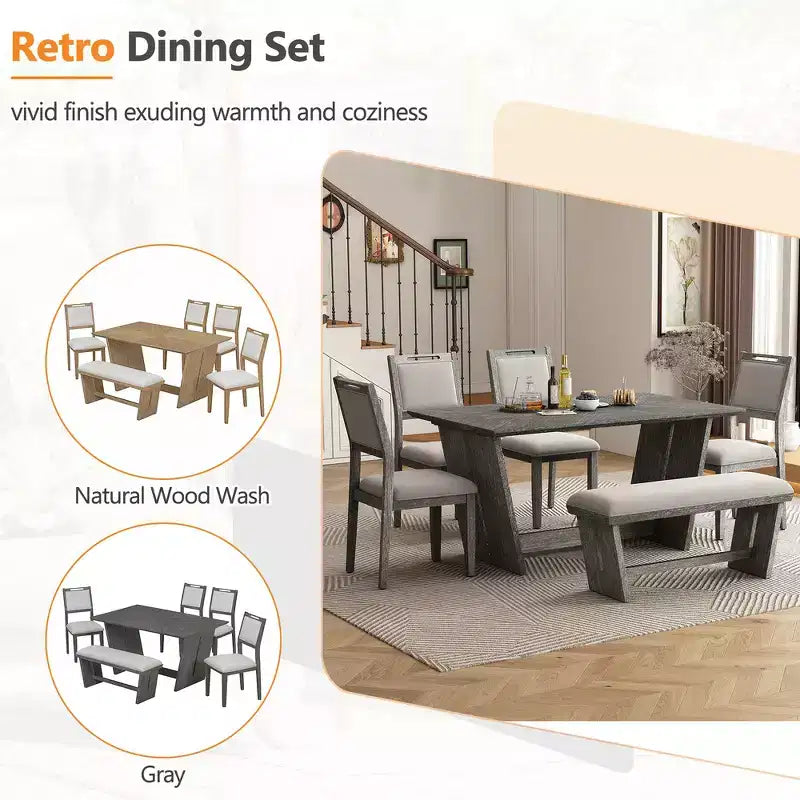 Whisen 6-Piece Retro Kitchen Dining Table Set for 6, Wood Kitchen Table and Chairs Set with Bench, Trestle Base, Soft Cushion