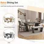 Whisen 6-Piece Retro Kitchen Dining Table Set for 6, Wood Kitchen Table and Chairs Set with Bench, Trestle Base, Soft Cushion